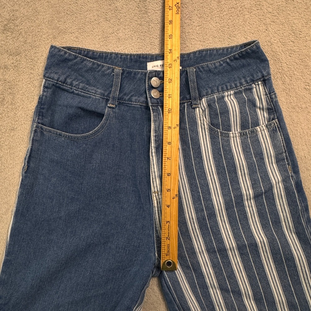 UNIQ BY LITZ Womens Size Medium Patchwork Denim Striped Button Side Jeans - Picture 8 of 9